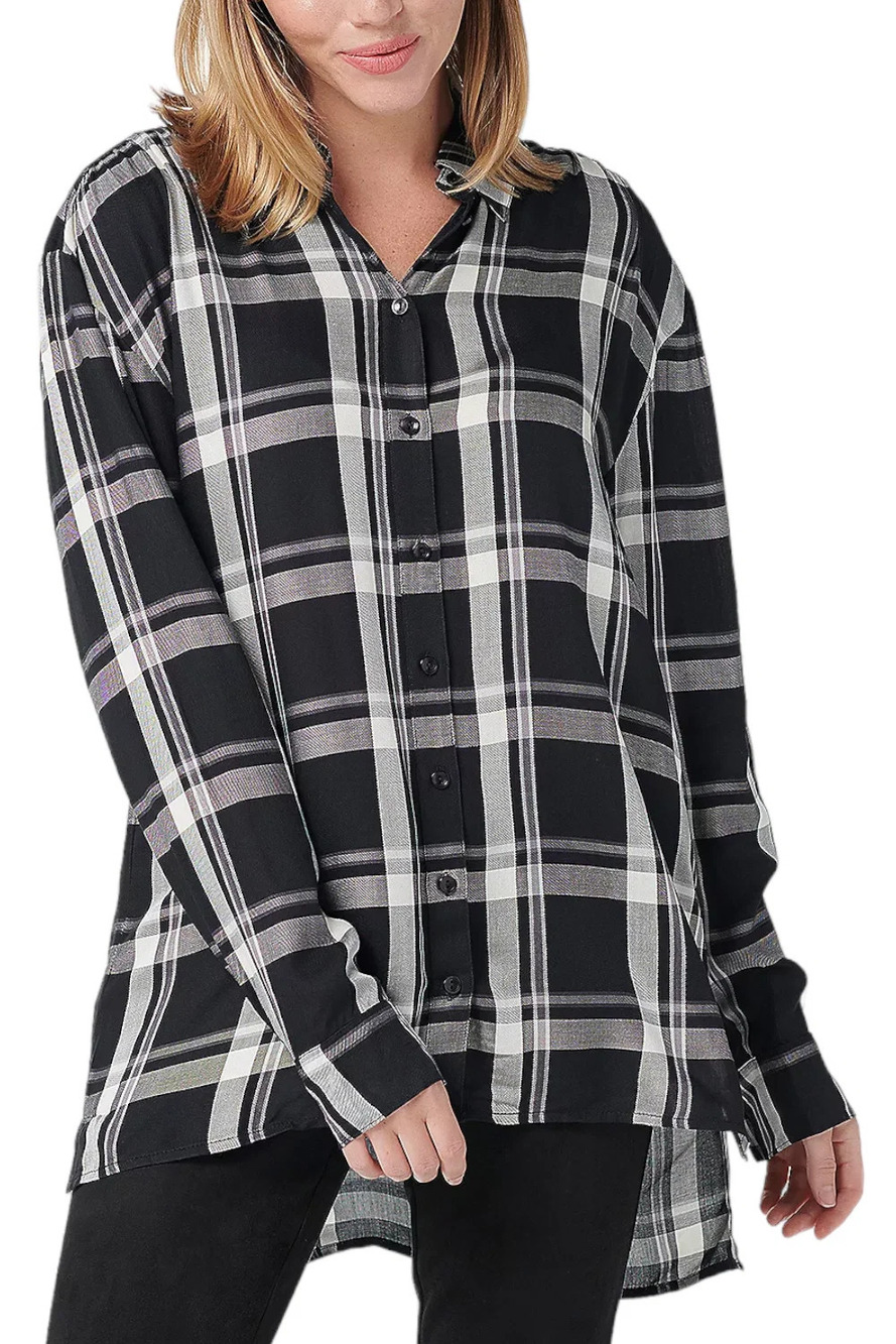All Worthy Hunter McGrady Plaid Button Front Yarn Dye Top Black Plaid - Regular